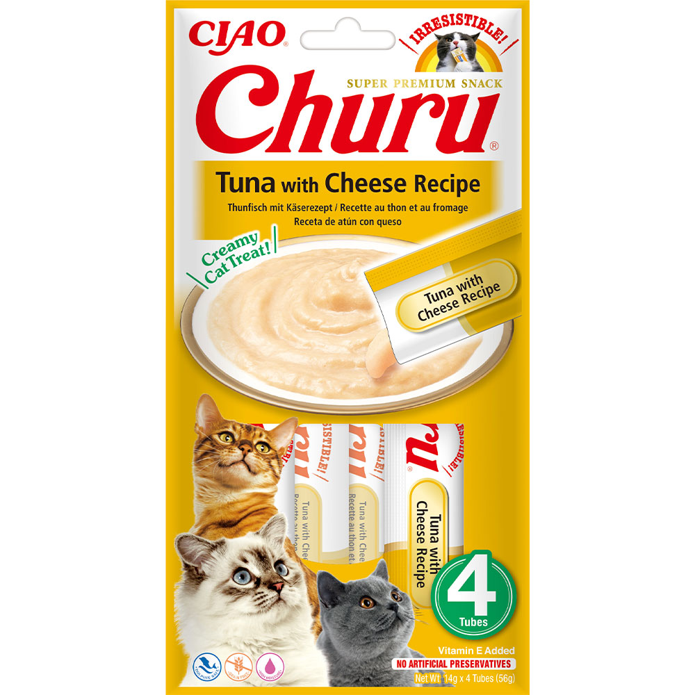 Ласощі INABA "Churu" для котів, вершковий мус в стіках, тунець з сиром 4*14 гр (12 шт.уп.)