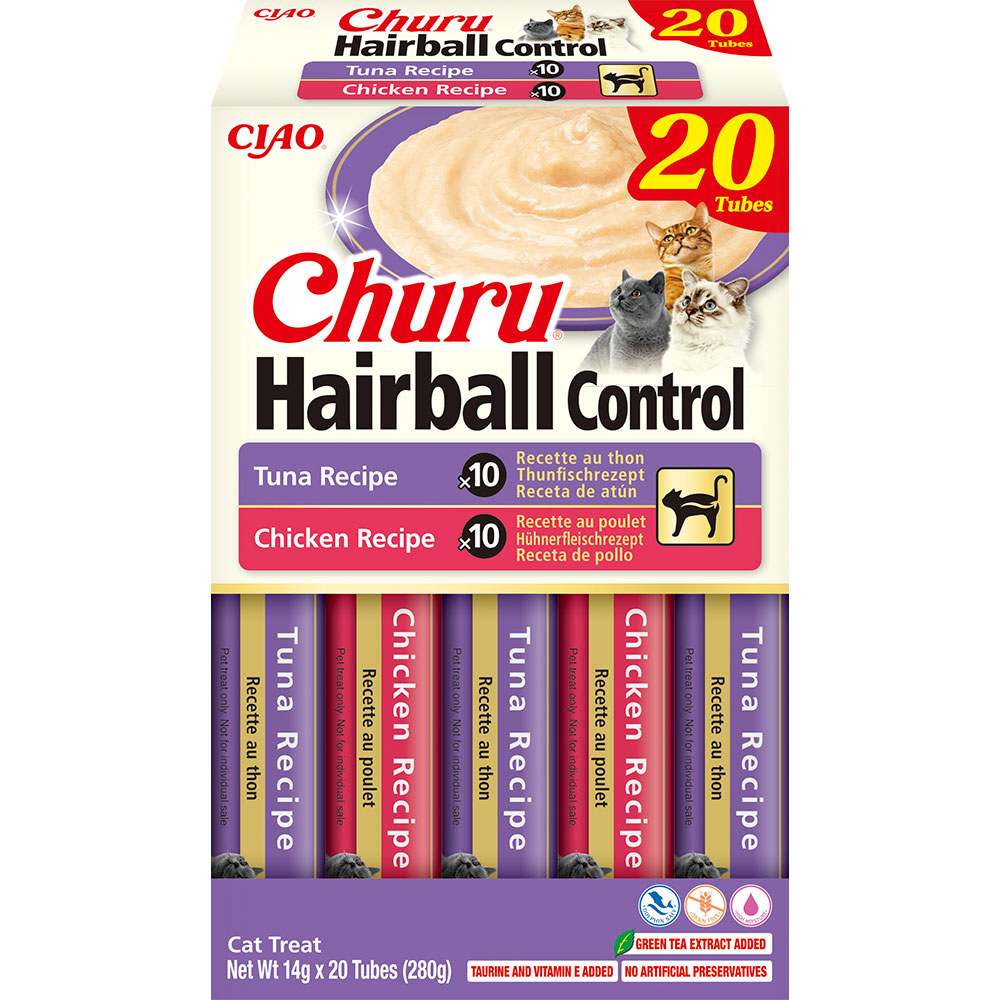 Ласощі INABA "Churu" HAIRBALL CONTROL для котів, вершк. мус в стіках,"Різновиди курка/тунець",14гр (20 шт.уп.)продаж УПАК.