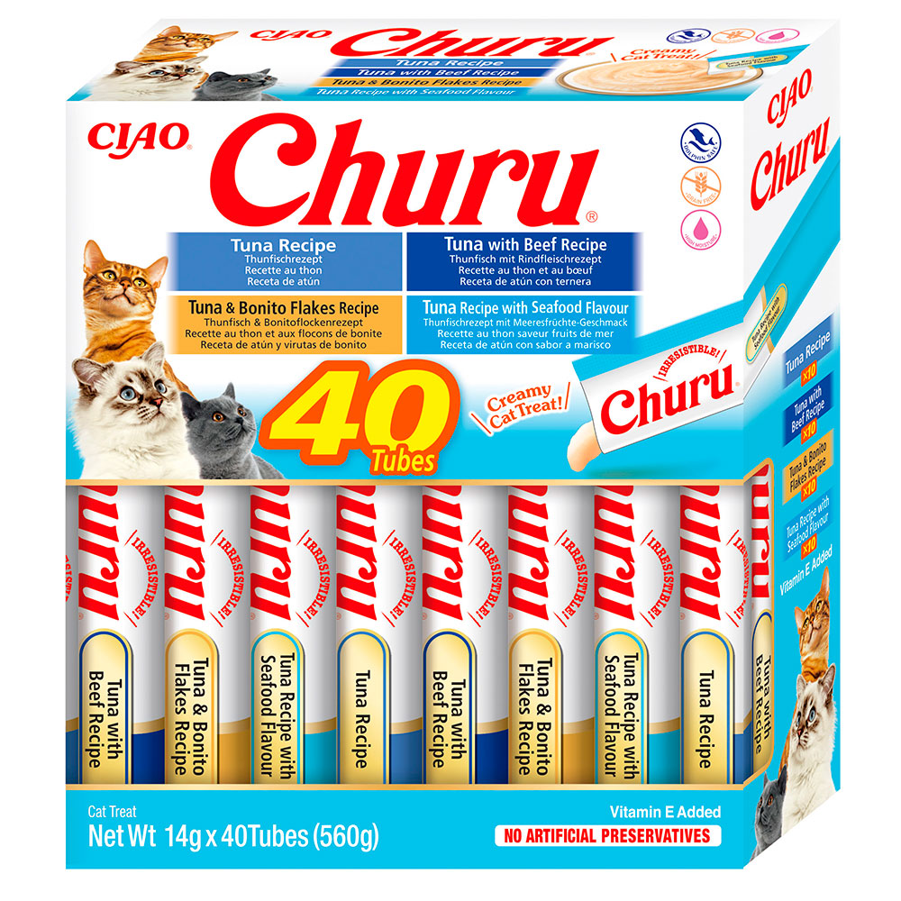 Ласощі INABA "Churu" для котів, вершковий мус в стіках, "Різновиди тунця" * 14 гр (40 шт.уп.) продаж УПАК