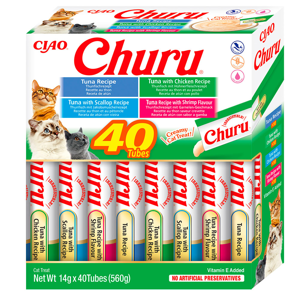 Ласощі INABA "Churu" для котів, вершковий мус в стіках, "Різновиди тунця/ морепродуктів" * 14 гр (40 шт.уп.) продаж УПАК