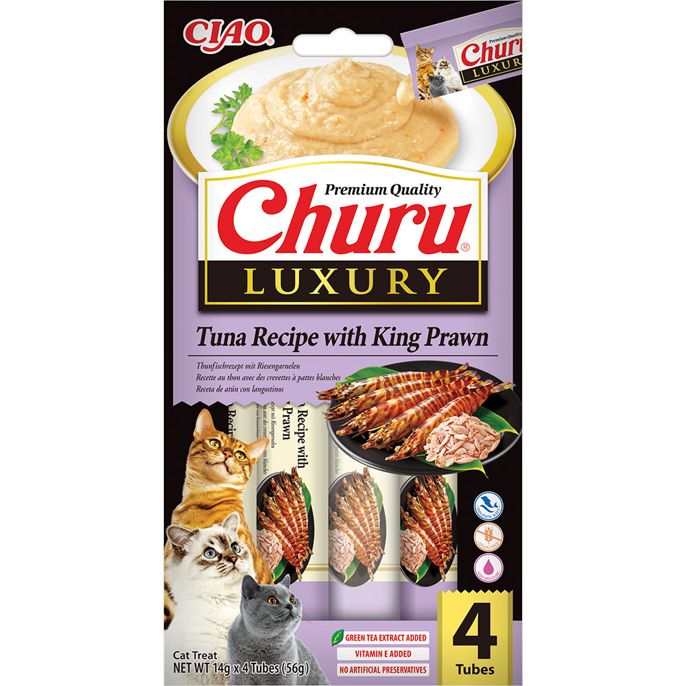 Ласощі INABA "Churu" LUXURY для котів, вершковий мус в стіках, "Тунець/королів. креветка", 4*14 гр (12 шт.уп.) продаж УПАК.