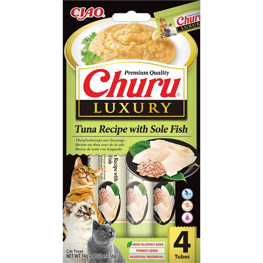 Ласощі INABA "Churu" LUXURY для котів, вершковий мус в стіках, "Тунець/морськ. язик", 4*14 гр (12 шт.уп.) продаж УПАК.