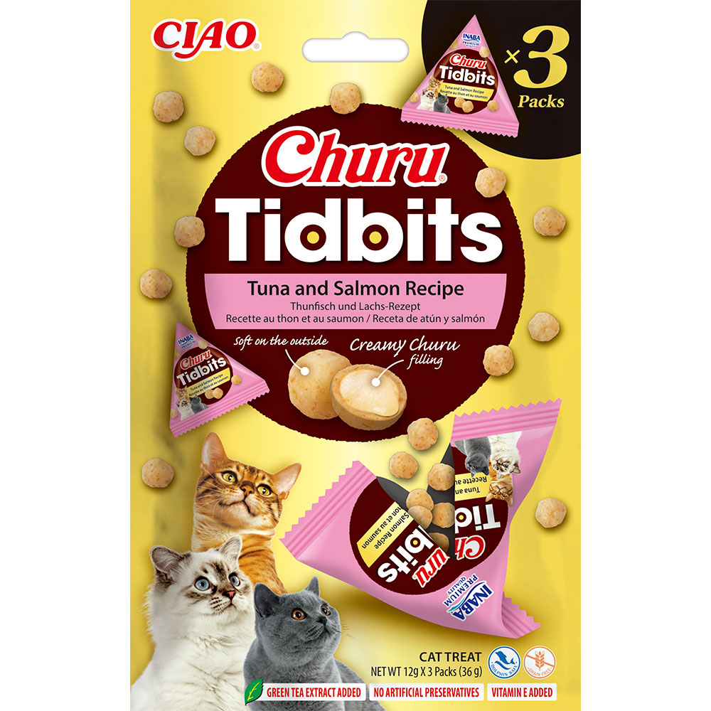 Ласощі INABA "Churu" Tidbits для котів, запечені кульки, з тунцем та лососем, 3*12 гр (6 шт.уп.)