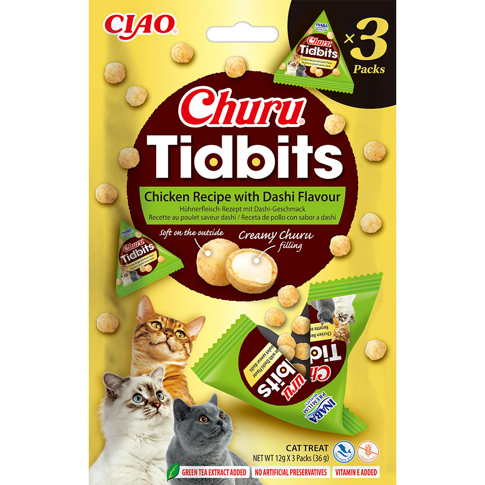 Ласощі INABA "Churu" Tidbits для котів, запечені кульки, з куркою та даши бульоном, 3*12 гр (6 шт.уп.)
